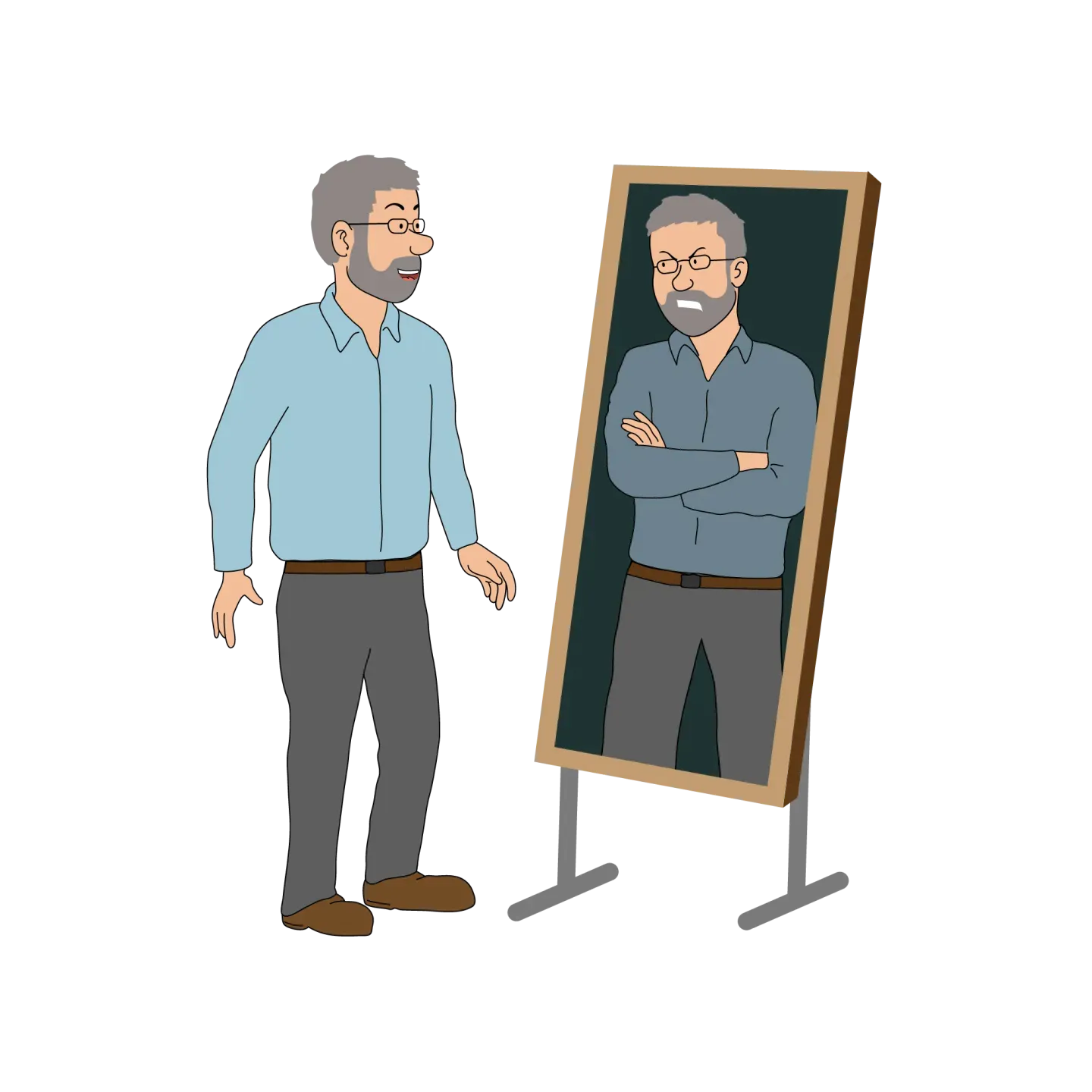 Kommunikation basiert auf Prinzipien und setzt die Entwicklung von Beziehungskompetenz voraus Paul Barkey als gezeichnete Figur vor dem Spiegel