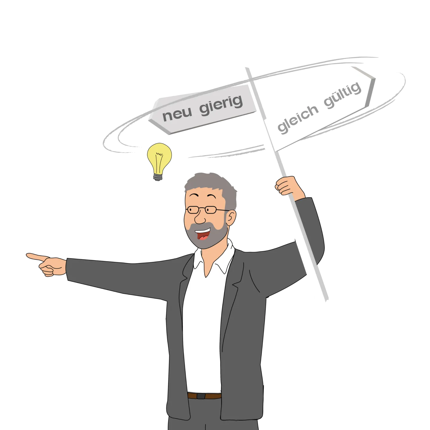 Neue und frische Gedanken sorgen für Weiterentwicklung, Entscheidungssicherheit und Motivation Paul Barkey als gezeichnete Figur hält einen Wegweiser